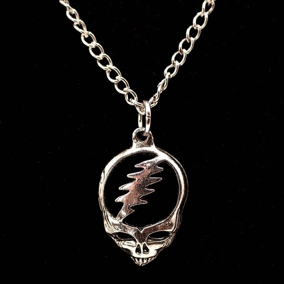 Silvertone Grateful Dead SYF Steal Your Face Skull Logo Necklace, New - Picture 1 of 3